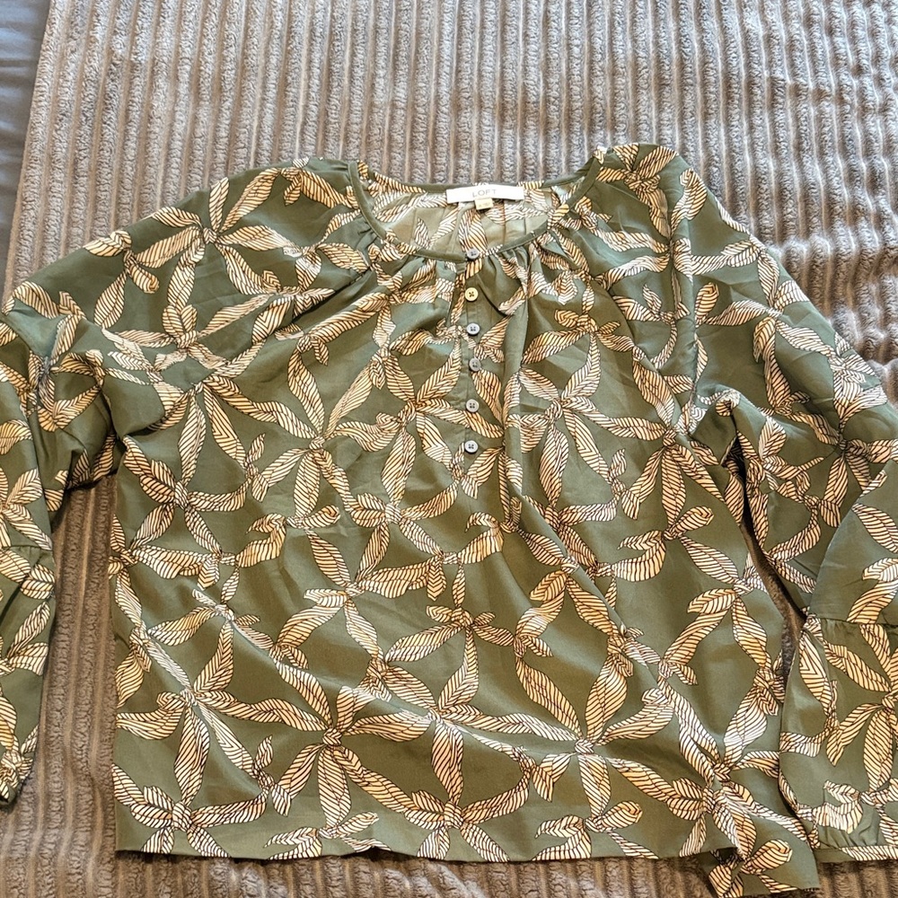 LOFT Olive Green Leaf-Print Peasant Blouse